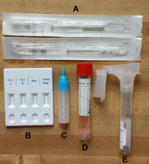 Figure 1. Photo of specimen collection kit with components. Each of the kits sent to participants included a a) rapid test, b) rapid test liquid reagent, c) nasal swab tube with transport medium, d) oral Specimen collector and e) flocked nasal swabs