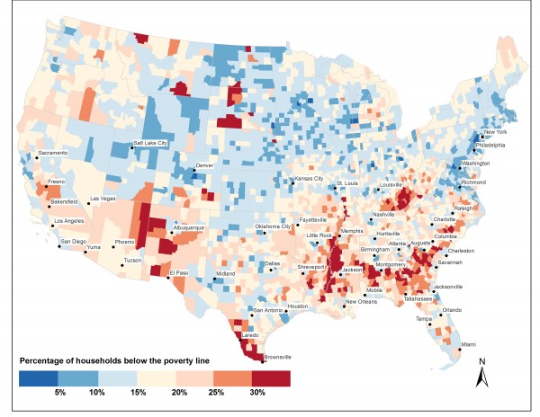 Fig. 5. 2014 percentage of households below the poverty line by U.S. county. Source of data can be found in text. 