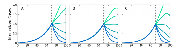 Screening at the dotted lines. Results are normalized to the number of infected individuals at the time of the intervention. The intervention is robust against variation in network structure. A. Von Neumann neighborhood of four nearest neighbors. B. Moore neighborhood of eight nearest neighbors. C. Kleinberg small world network, with four nearest neighbors and longrange neighbors with probability of connection decreasing as inverse distance squared. 