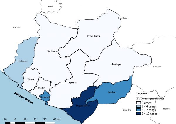 Map of Sinoe County, Liberia, showing the number of Ebola virus disease cases reported per district during the original outbreak in 2014