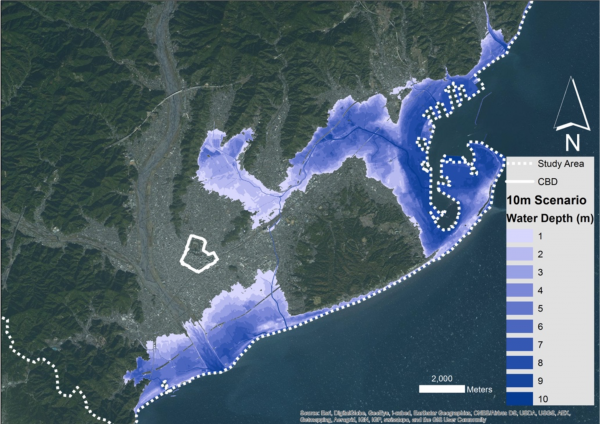 Figure 2: 10 meter run-up tsunami scenario for the city of Shizuoka