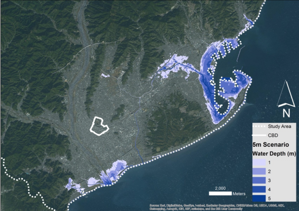 Figure 3: 5 meter run-up tsunami scenario for the city of Shizuoka