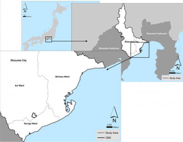 Figure 1: Location of the city of Shizuoka, its three wards and its Central Business District (CBD)
